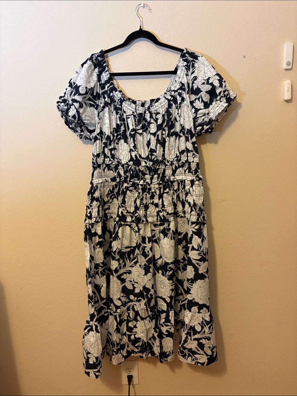 Time and Tru Dark Navy and White Floral Smocked Midi Dress